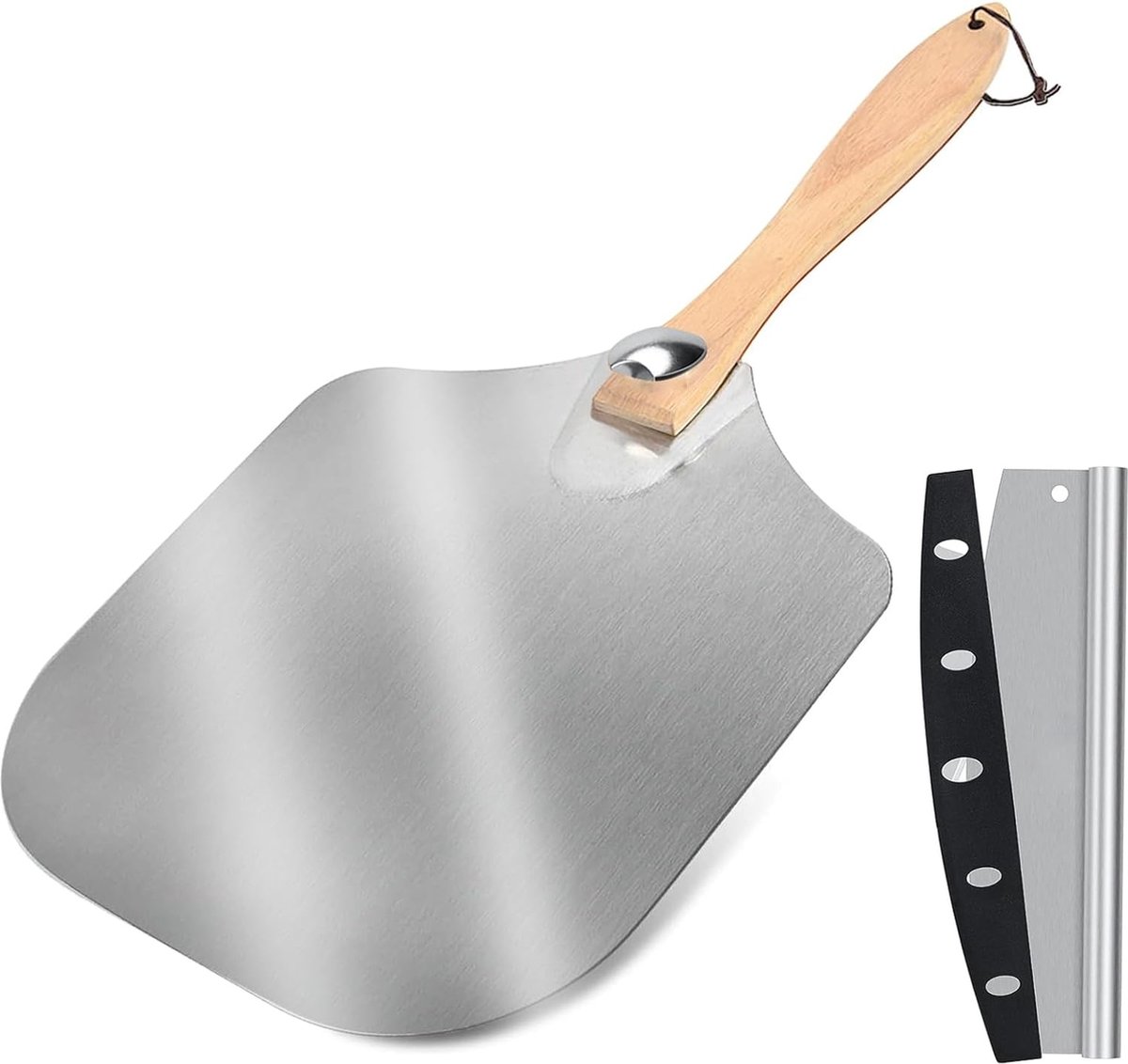 JGS ® Pizzaschep Set met Houten Handvat en Groot Pizzames voor Feestjes en Familiebijeenkomsten