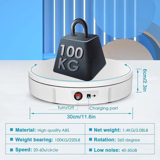 Elektrisch draaiplateau, 100 kg, 30 cm, professioneel 360 graden elektrisch draaischijf met oplaadbare batterij, automatisch draaiplateau voor sieraden, fotografie, productweergave