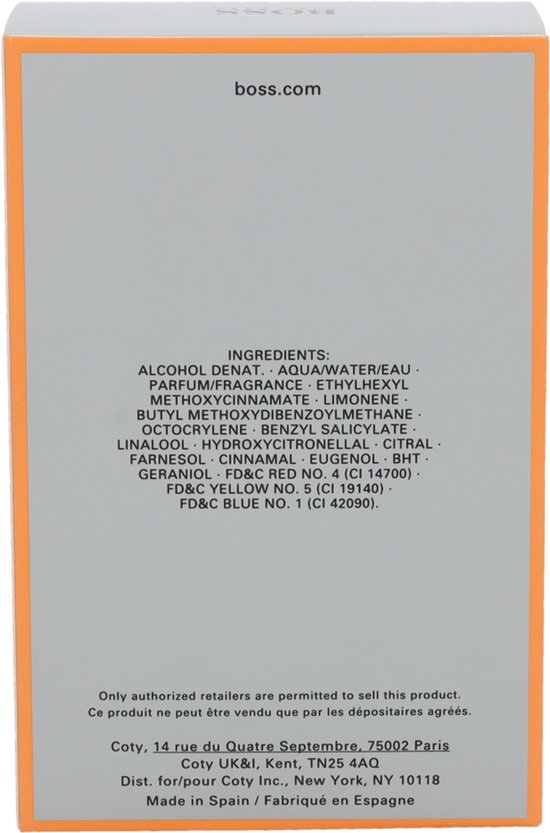 Achterkant doosje BOSS IN MOTION met ingrediënten en details.