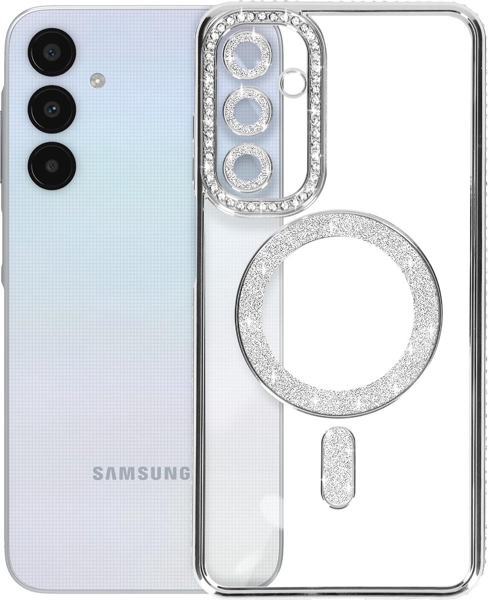 Avizar Diamant hoesje Geschikt voor Samsung Galaxy A25 MagSafe Omtrek Strass, Zilver