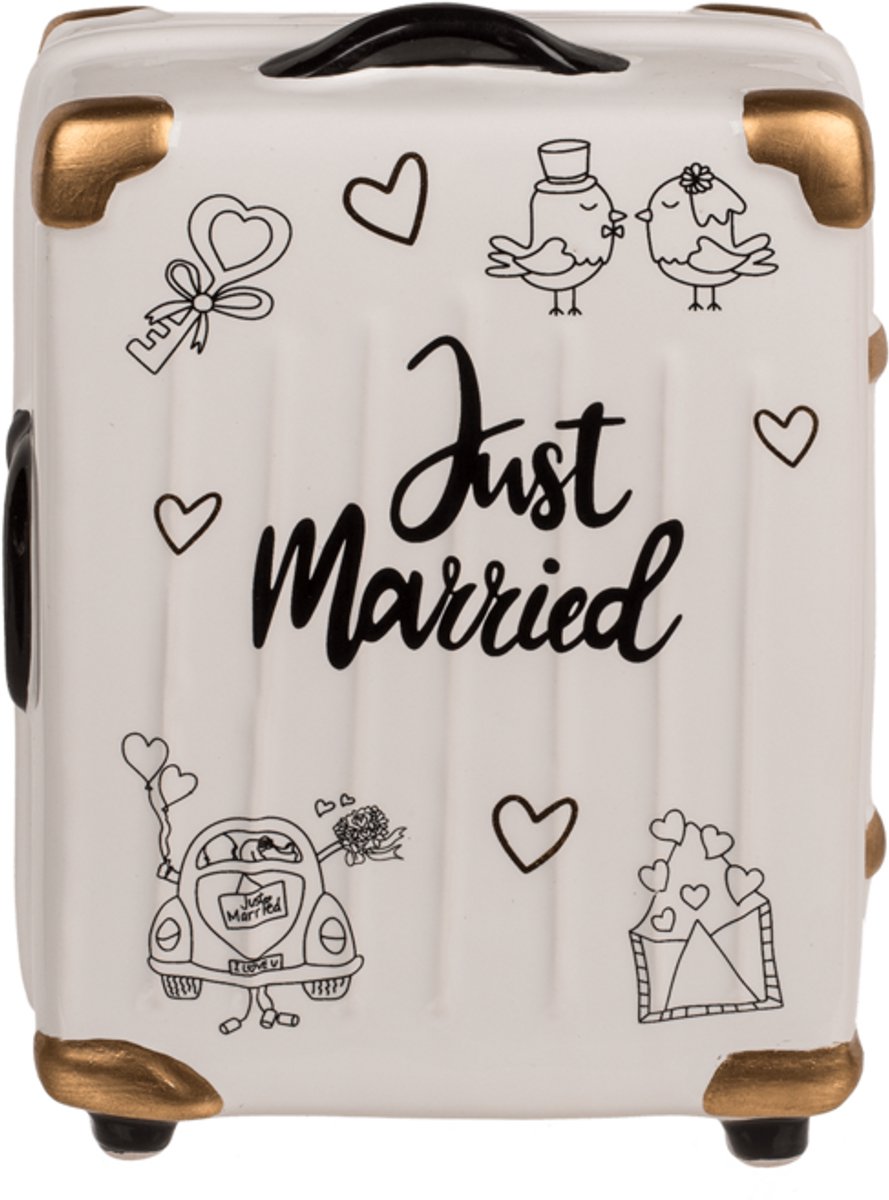 OOTB Spaarpot Koffer Just Married – Keramiek – Huwelijksreis Cadeau – Wit & Goud