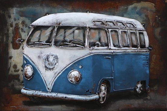 Peinture métal 3D - Bus Volkswagen bleu T1 Samba - hauteur 40 cm