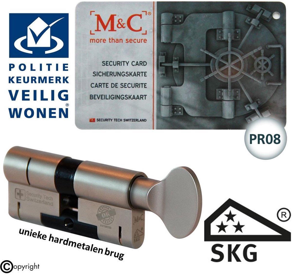 M&C anti kerntrek SKG*** K32/32 veiligheids knopcilinder met PKVW erkenning en PR08 beschermd profiel
