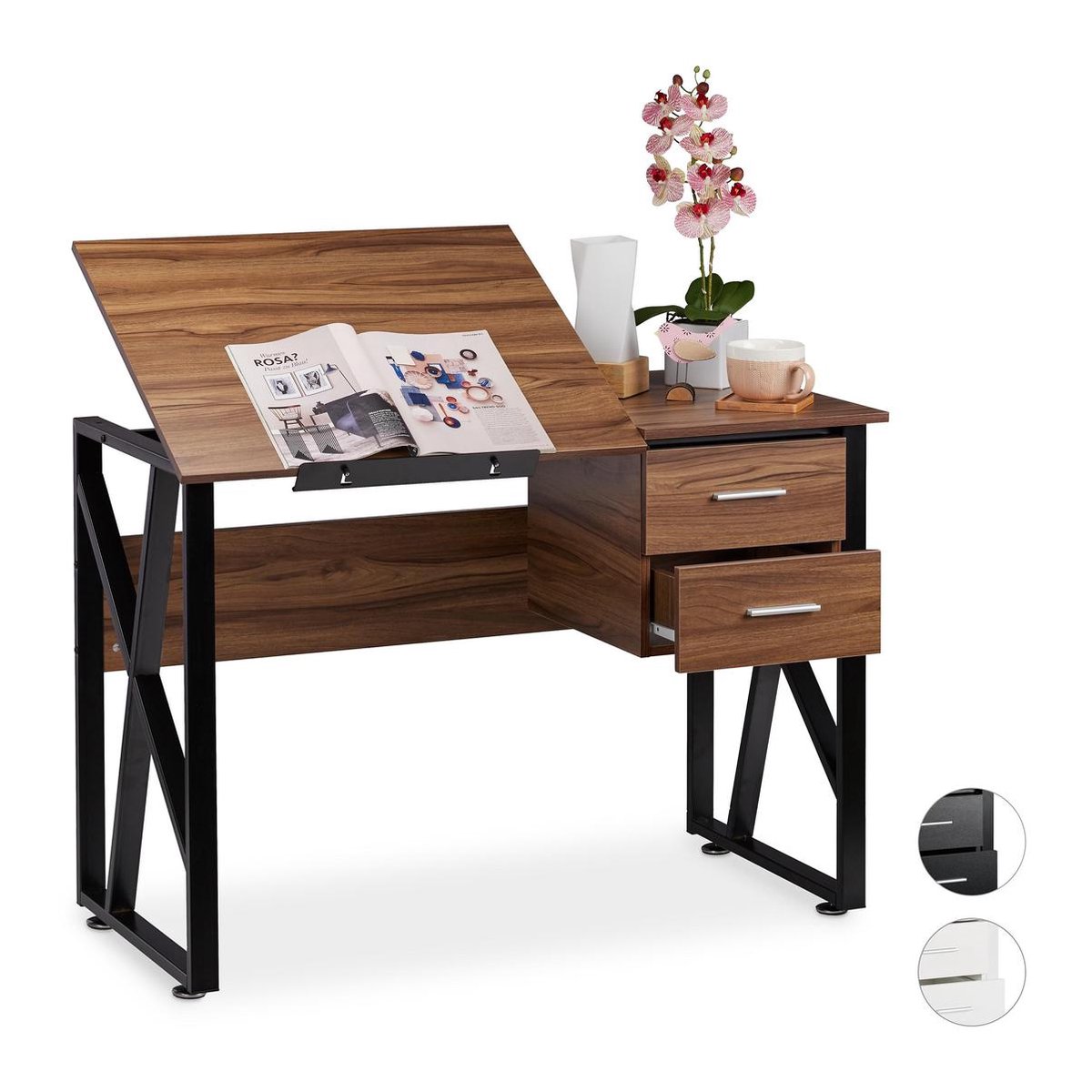 Table à dessin et tabouret avec plateau inclinable et commode avec