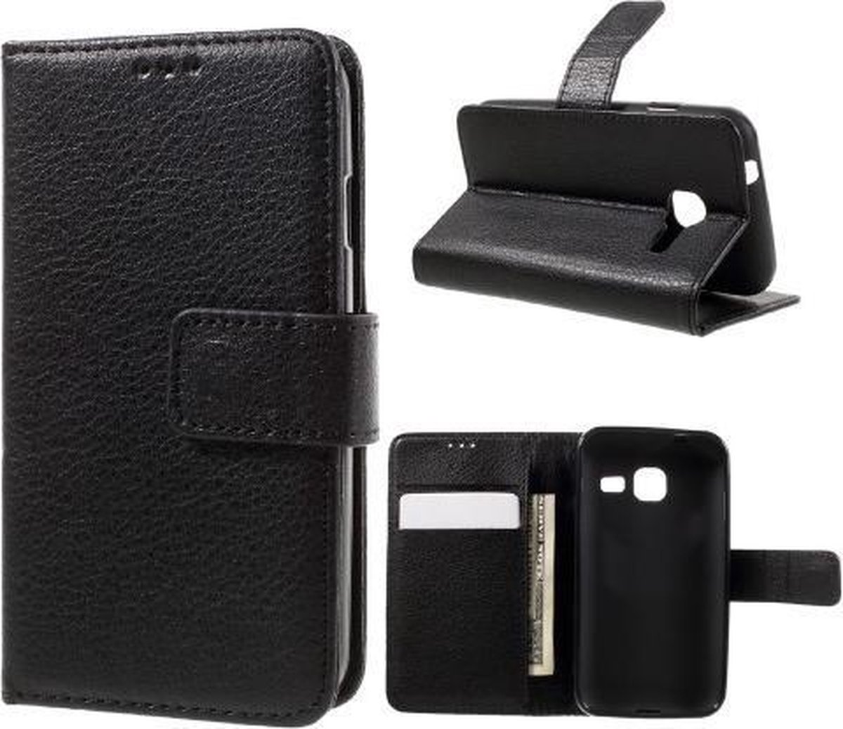 Lychee grain zwart cover wallet hoesje Geschikt voor: Samsung Galaxy J1 Mini