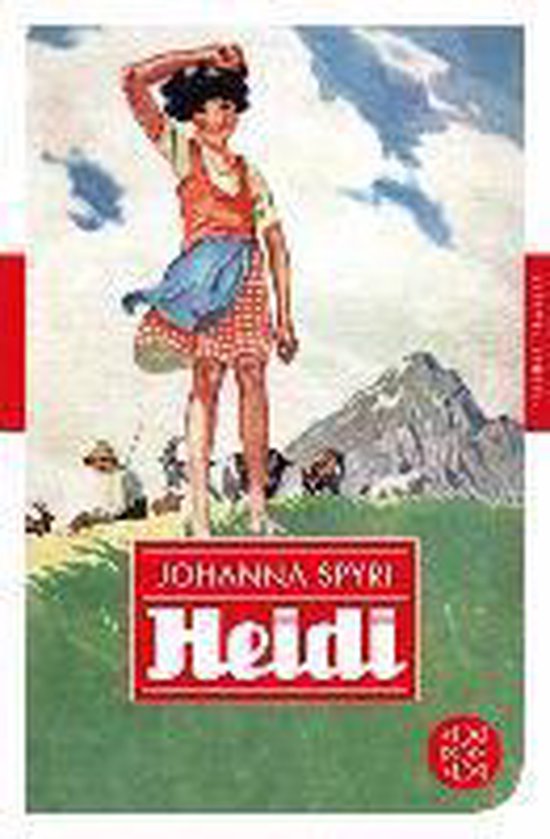 Boek kaft met illustratie van Heidi, lachend in een rood-wit geruite jurk, met bergen op de achtergrond.