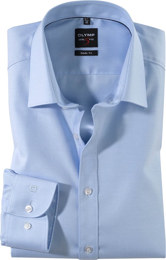 OLYMP Level 5 body fit overhemd - lichtblauw twill - Strijkvriendelijk - Boordmaat:
