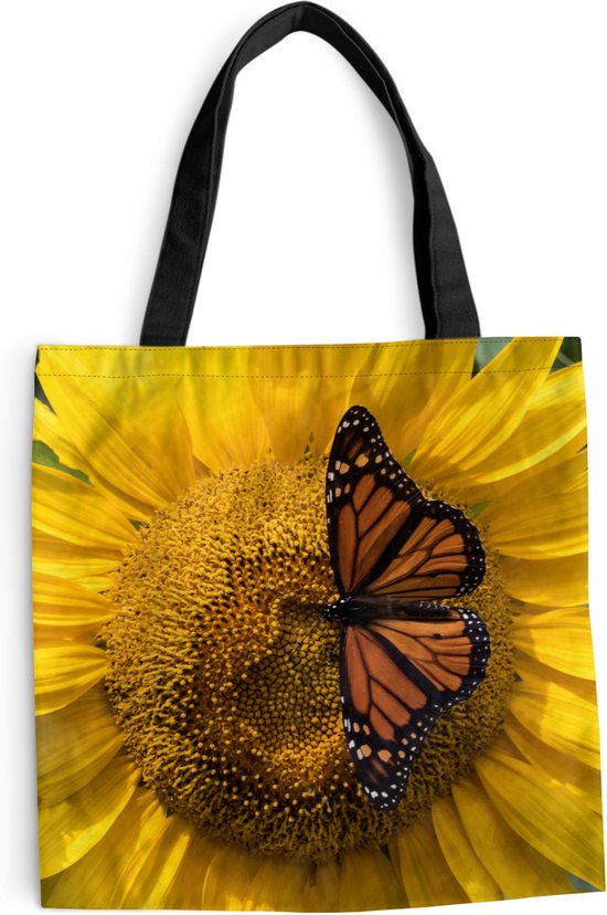 MuchoWow® Schoudertas - Strandtas - Big Shopper - Boodschappentas - Zonnebloem - Vlinder - Lente - 45x45 cm - Katoenen tas