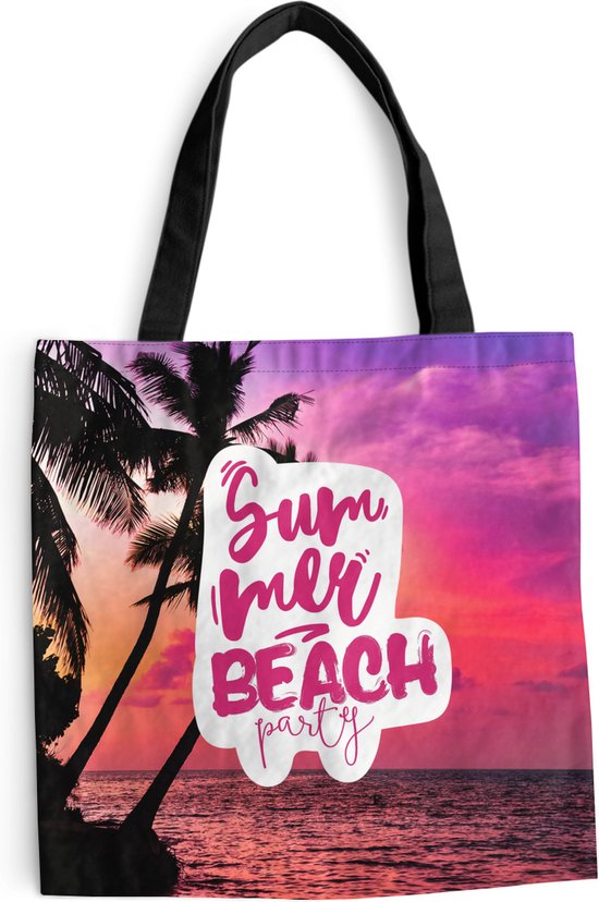 MuchoWow® Schoudertas - Strandtas - Big Shopper - Boodschappentas - Zomer - Roze - Palmboom - Spreuken - 40x40 cm - Katoenen tas