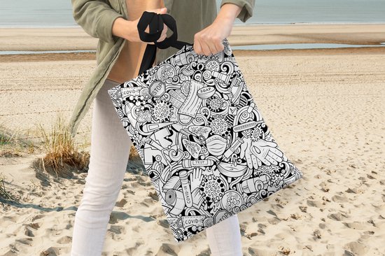 Sac Bandoulière - Sac De Plage - Motif Shopper - Corona - Zwart Wit - 40x50 cm - Sac Coton