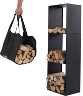 Lendo Online brandhoutrek 40x28x120cm + draagtas– Binnen en buiten - haardhout opslag – haardhoutrek – houtopslag – zwart - metaal