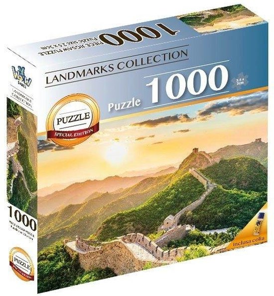 Puzzeldoos van 1000 stukjes, 'Landmarks Collection', met een afbeelding van de Chinese Muur bij zonsondergang. Inclusief lijm.