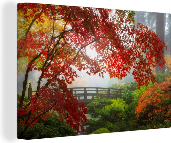 Canvas schilderij - Japans - Brug - Japanse esdoorn - Bomen - Natuur - Schilderijen op canvas - Canvas doek - 120x80 cm - Muurdecoratie