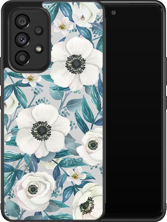 Coque Samsung Galaxy A53 - Fleurs Witte - Coque rigide - Zwart - Coque arrière - Fleurs - Blauw
