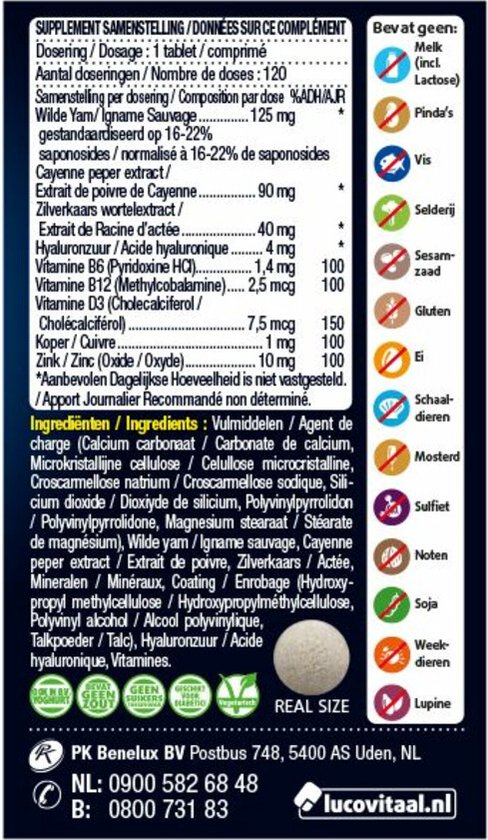 Samenstelling en ingrediënten van Lucovitaal Overgang Balans. Bevat onder andere zilverkaars, cayennepeper en hyaluronzuur.
