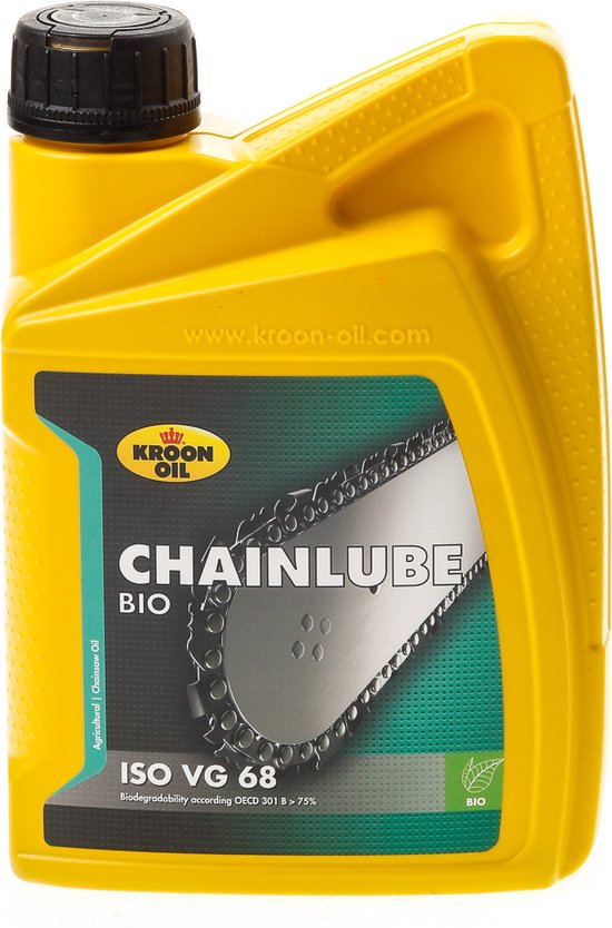 Gele fles kettingolie met zwart deksel. Label toont een zaagketting en de tekst 'CHAINLUBE BIO ISO VG 68'.