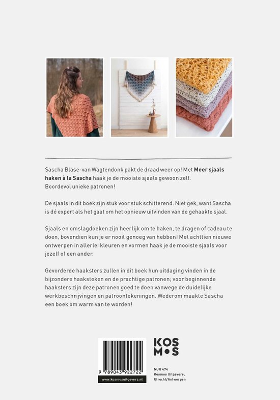 Een vrouw met een oranje omslagdoek met een reliëfpatroon. Drie gehaakte sjaals in pastelkleuren en een close-up van gehaakt stekenwerk.
