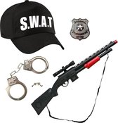 Carnaval verkleed speelgoed SWAT team politiepet zwart voor kinderen met geweer/handboeien/badge
