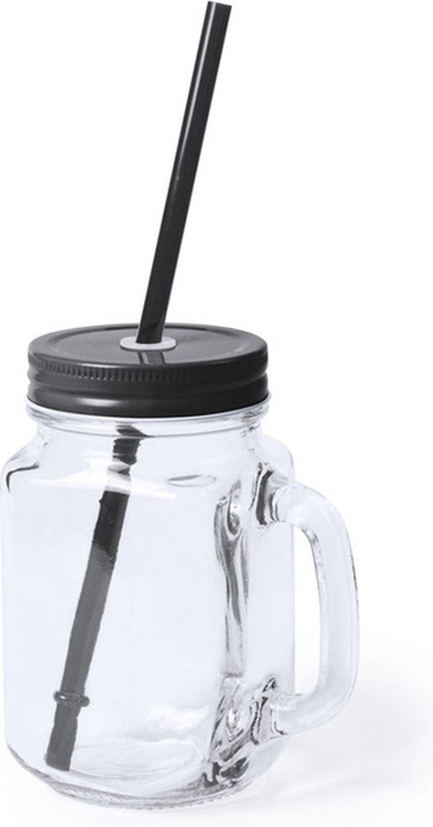 10x stuks Glazen Mason Jar drinkbekers zwarte dop en rietje 500 ml - afsluitbaar/niet lekken/fruit shakes van Supremo. — afbeelding 3