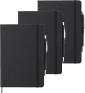 Set van 3x stuks luxe schriften/notitieboekje zwart met elastiek en pen A5 formaat - 100x gelinieerde paginas