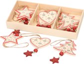 Set van 6x witte houten kersthangers sterren, hartjes, kerstboompjes 10 cm - kerstboomversiering / kerstornamenten