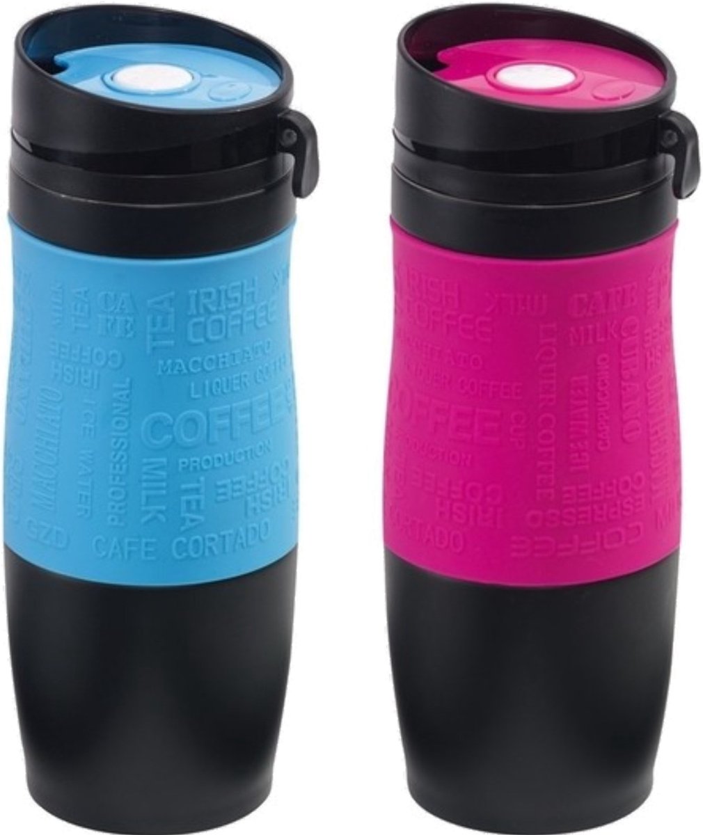 Set van 2x Thermosbekers/warmhoud bekers roze en blauw 380 ml - Isolerende drinkbekers