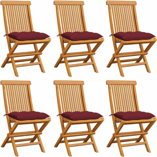 vidaXL - Tuinstoelen - 6 - st - met - wijnrode - kussens - massief - teakhout