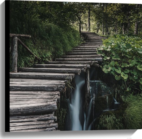 Canvas - Houten Trap in Bossen - 60x60 cm Foto op Canvas Schilderij (Wanddecoratie op Canvas)