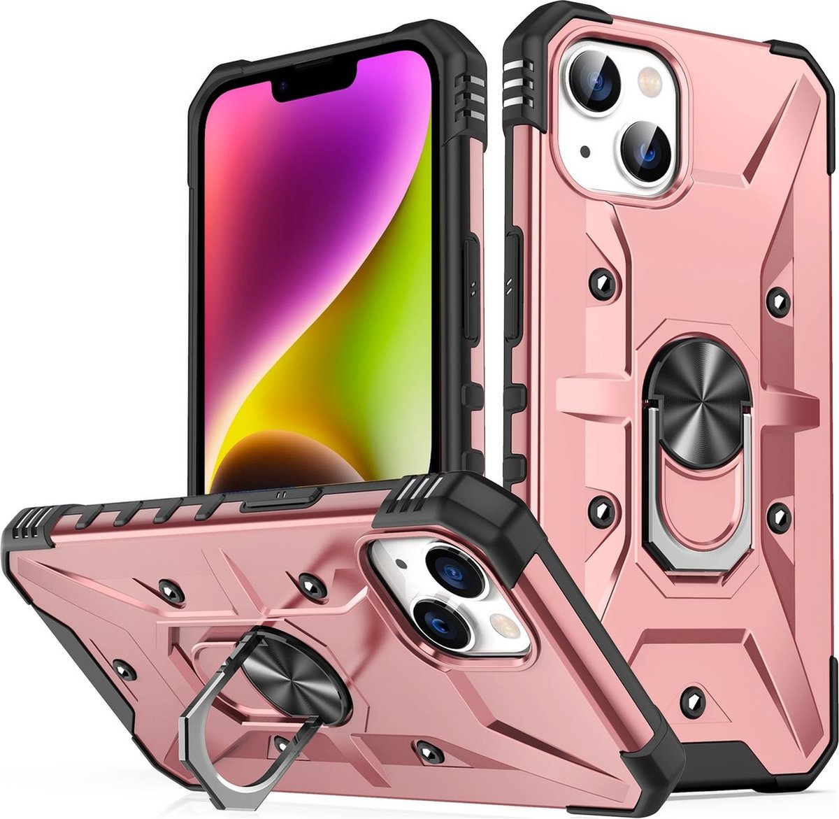 Mobigear Hoesje geschikt voor Apple iPhone 14 Telefoonhoesje Hardcase | Mobigear Armor Ring Backcover Shockproof met Ringhouder | Schokbestendig iPhone 14 Telefoonhoesje | Anti Shock Proof - Roségoud