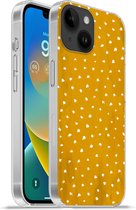 Geschikt voorApple Iphone 14 - Softcase hoesje - Stippen - Oranje - Wit - Siliconen Telefoonhoesje