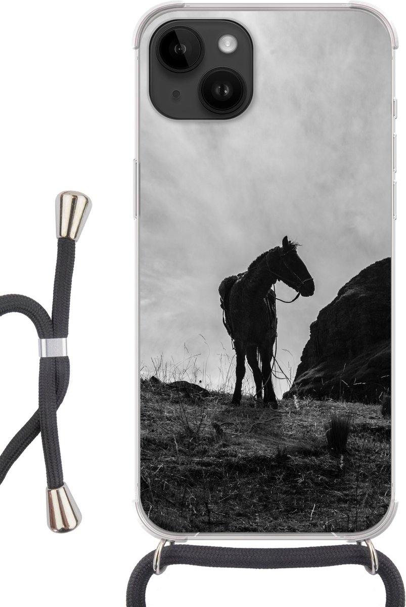 Telefoonhoesje Geschikt voor Apple Iphone 14 - Paard - Wolken - Weide - Siliconen - Crossbody - Backcover met Koord - Telefoonhoesje met koord - Hoesje met touw Telefoonhoesje