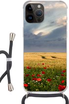 Geschikt voorApple Iphone 14 Pro Max - Crossbody Case - Bloemen - Tarwe - Wolken - Siliconen - Crossbody - Backcover met Koord - Telefoonhoesje met koord - Hoesje met touw