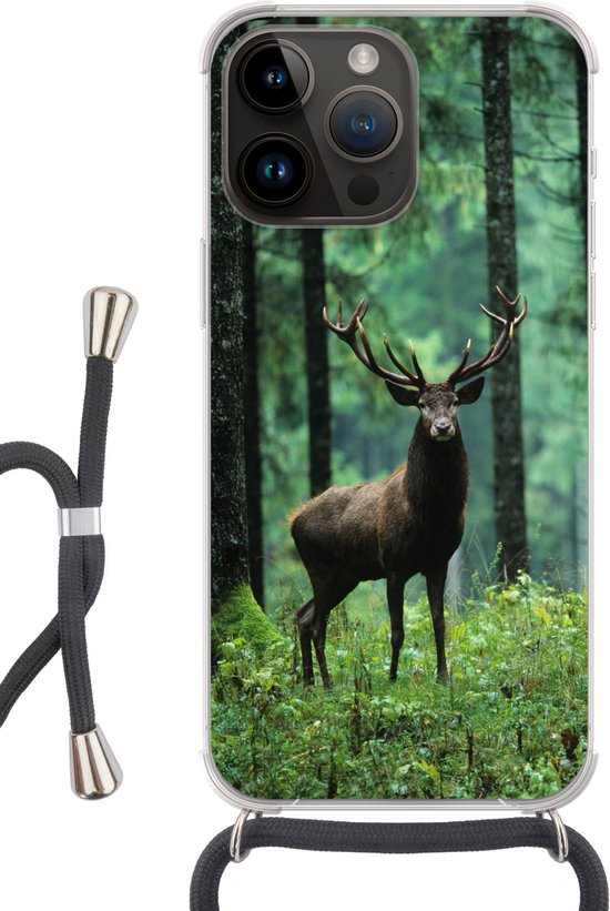 Coque de téléphone compatible avec Apple iPhone 14 Pro - Cerf - Forêt - Arbres - Animaux - Nature - Siliconen - Bandoulière - Coque arrière avec cordon - Coque de téléphone avec cordon - Coque de téléphone avec corde