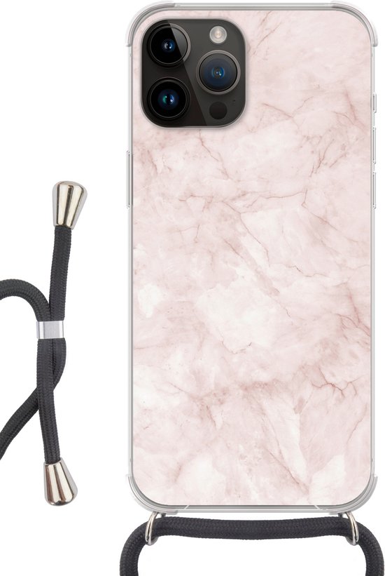 Telefoonkoord - Telefoonketting - Telefoonhoesje Geschikt voor Apple Iphone 14 Pro Max - Marmer print - Rosé - Chic - Siliconen - Crossbody - Telefoonhoesje met koord Telefoonhoesje