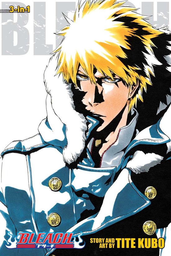 Édition Bleach 3-en-1 avec une illustration d'anime d'Ichigo Kurosaki aux cheveux blonds portant un manteau blanc à col de fourrure.