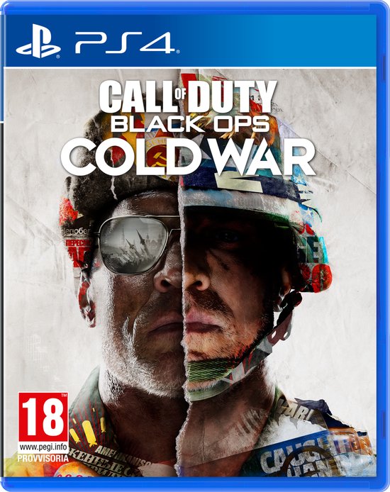 PlayStation 4-doos van Call of Duty: Black Ops Cold War, met een gezicht half bedekt door een helm.