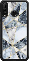 Casimoda® telefoonhoesje - Geschikt voor Huawei P30 Lite - Abstract Marmer Blauw - Zwart TPU hoesje - Backcover - Blauw - Geometrisch patroon
