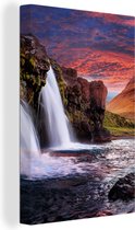 Canvas schilderij - IJsland - Waterval - Berg - Wanddecoratie - Canvas schilderijen woonkamer - Slaapkamer - Canvasdoek - 60x90 cm