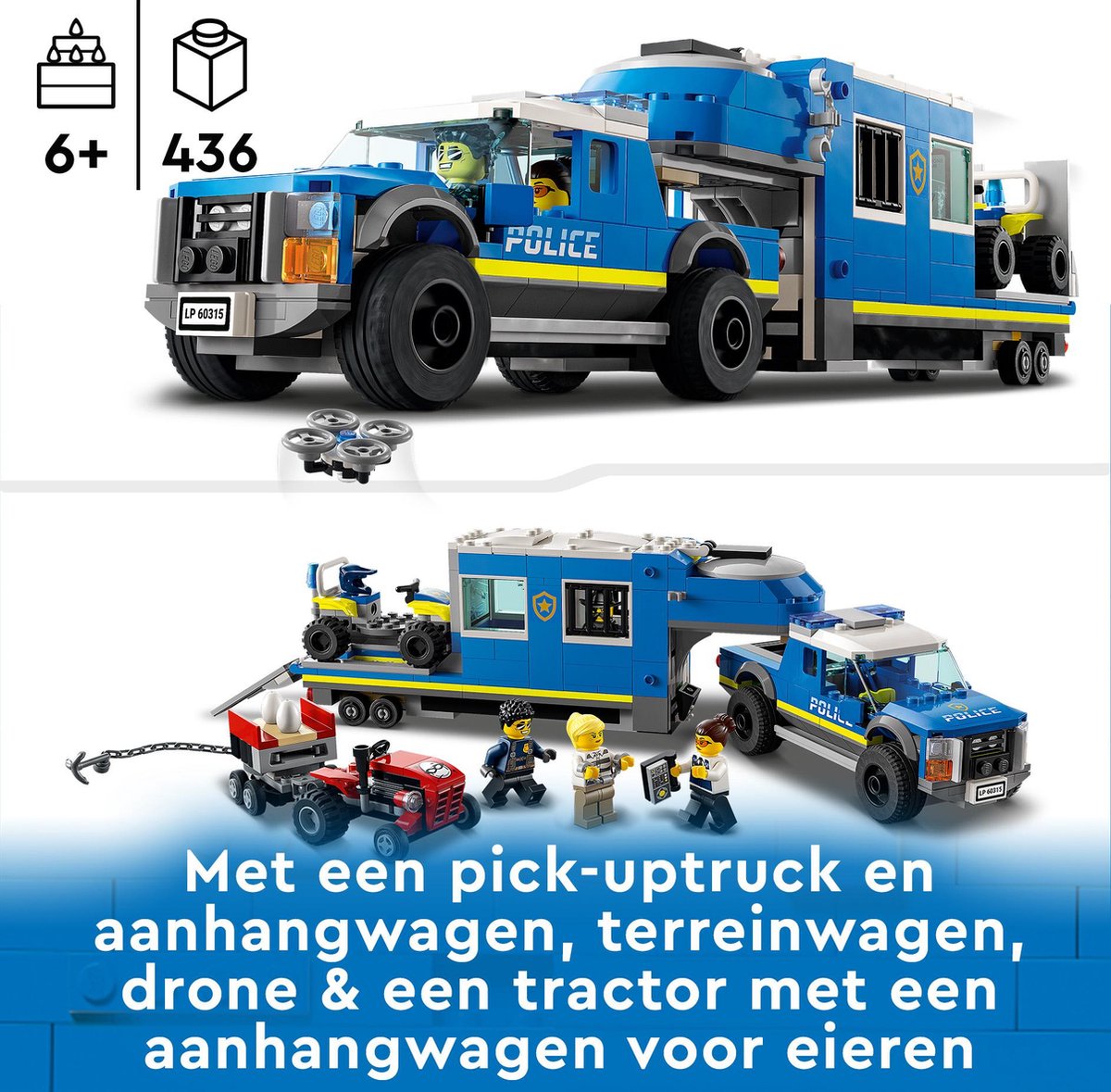 LEGO® City Mobiele commandowagen politie 60315 bouwset voor kinderen vanaf 6 jaar; met een pick-uptruck en aanhanger met gevangenis, een terreinwagen en een drone, een tractor met eier-aanhanger en 4 minifiguren (436 onderdelen) — afbeelding 10