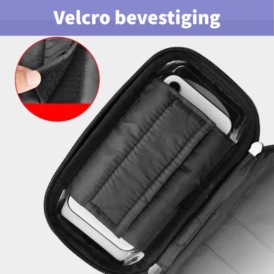 Zwarte telefoonhouder met velcro sluiting, close-up van de velcro.