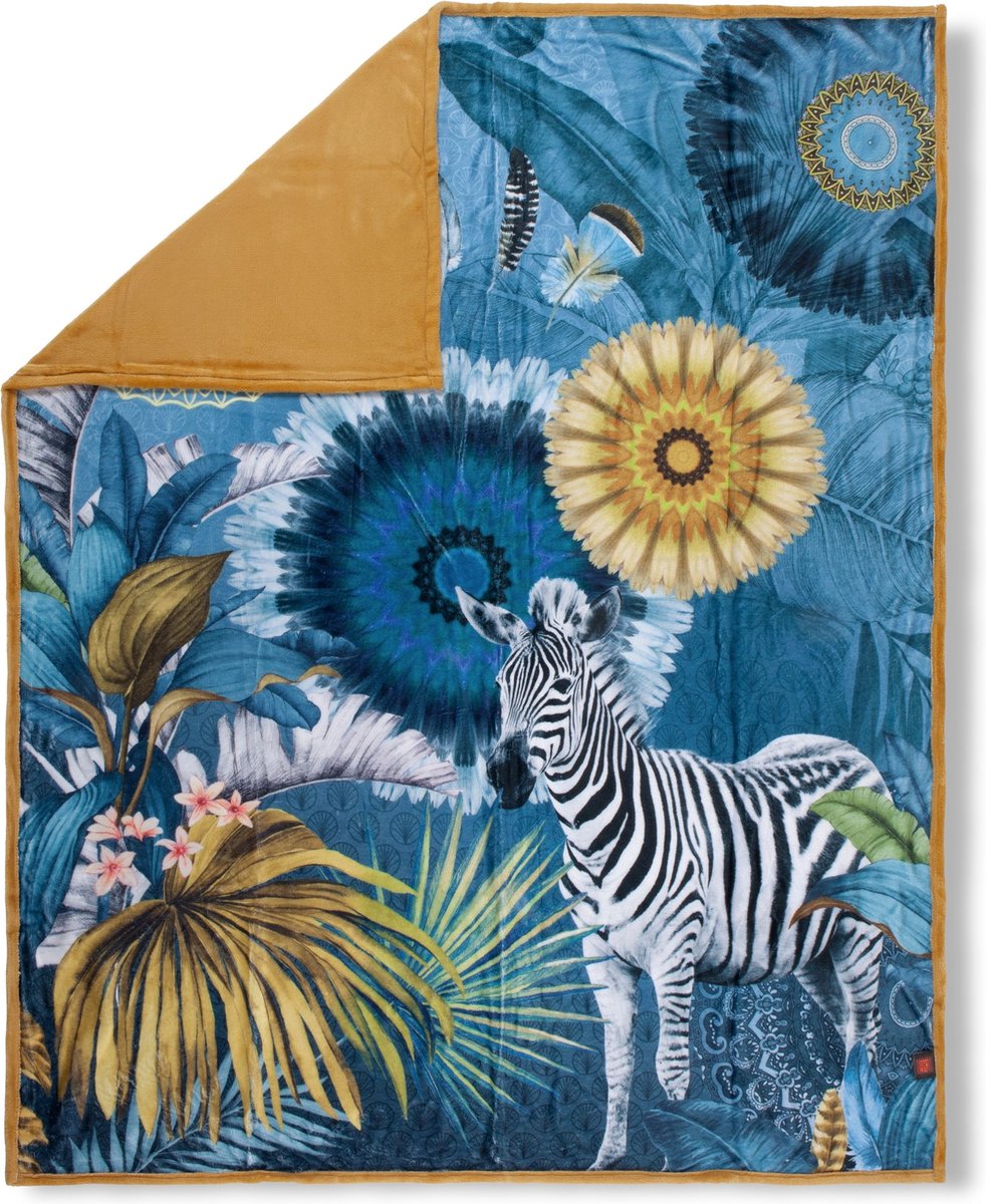 Hanche Luxe Plaid 130x160 cm - Zebra en Tropische Bloemen Print - Blauw/Geel - Polyester - Voor 1 Persoon NTB