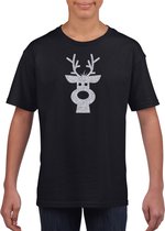Rendier hoofd Kerst t-shirt - zwart met zilveren glitter bedrukking - kinderen - Kerstkleding / Kerst outfit 104/110