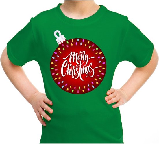Foute kerst shirt / t-shirt - grote kerstbal merry christmas groen voor kinderen - kerstkleding / christmas outfit 140/152