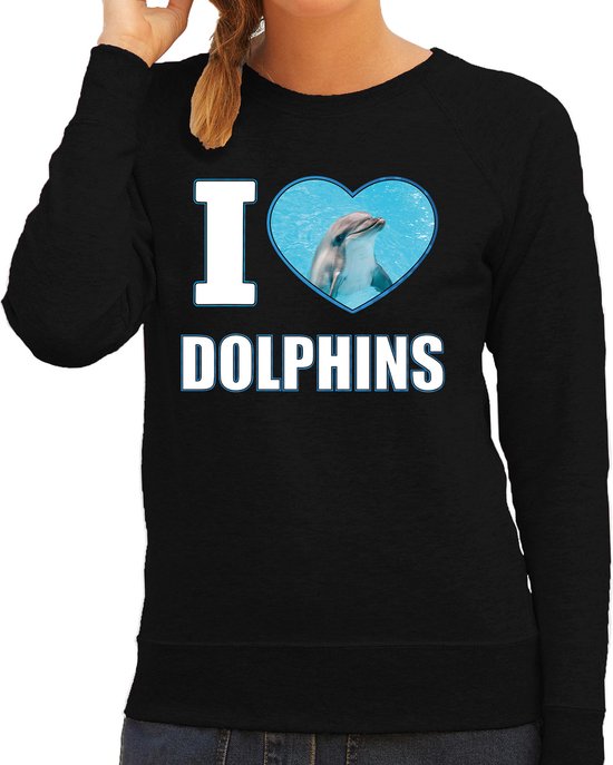 I love dolphins trui met dieren foto van een dolfijn zwart voor dames - cadeau sweater dolfijnen liefhebber XXL