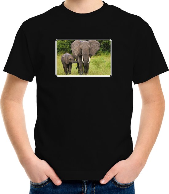 Dieren shirt met olifanten foto - zwart - voor kinderen - Afrikaanse dieren/ olifant cadeau t-shirt 134/140