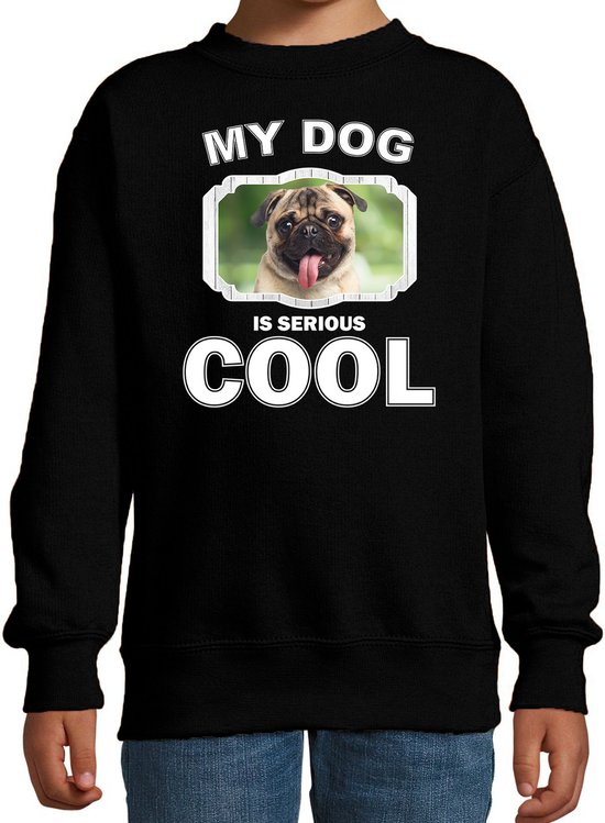 Mopshond honden trui / sweater my dog is serious cool zwart - kinderen - mopshonden liefhebber cadeau sweaters - kinderkleding / kleding 170/176