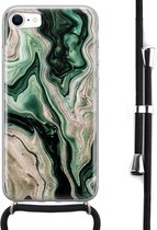 Casimoda® hoesje met koord - Geschikt voor iPhone SE (2020) - Groen marmer / Marble - Afneembaar koord - Siliconen/TPU - Groen