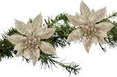 Kerstboom bloemen op clip - 2x stuks - champagne - kunststof - 15 cm