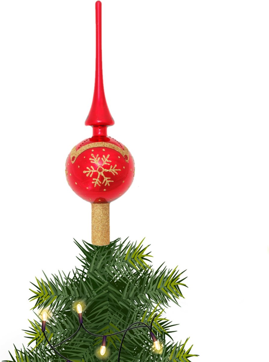 Krebs Luxe kerst piek - 1x - rood/goud - 28 cm - glas - gedecoreerd - kerstpiek - kerstversiering