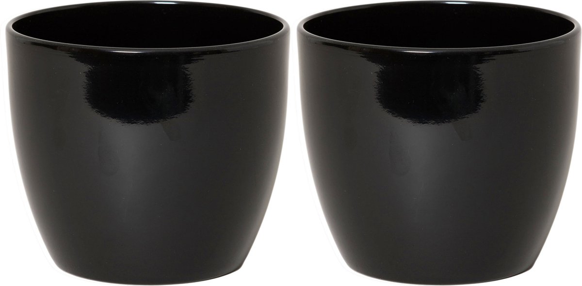 Floran Bloempot - 2x stuks - zwart - glans - keramiek - 13 x 12 cm - plantenpotten binnen